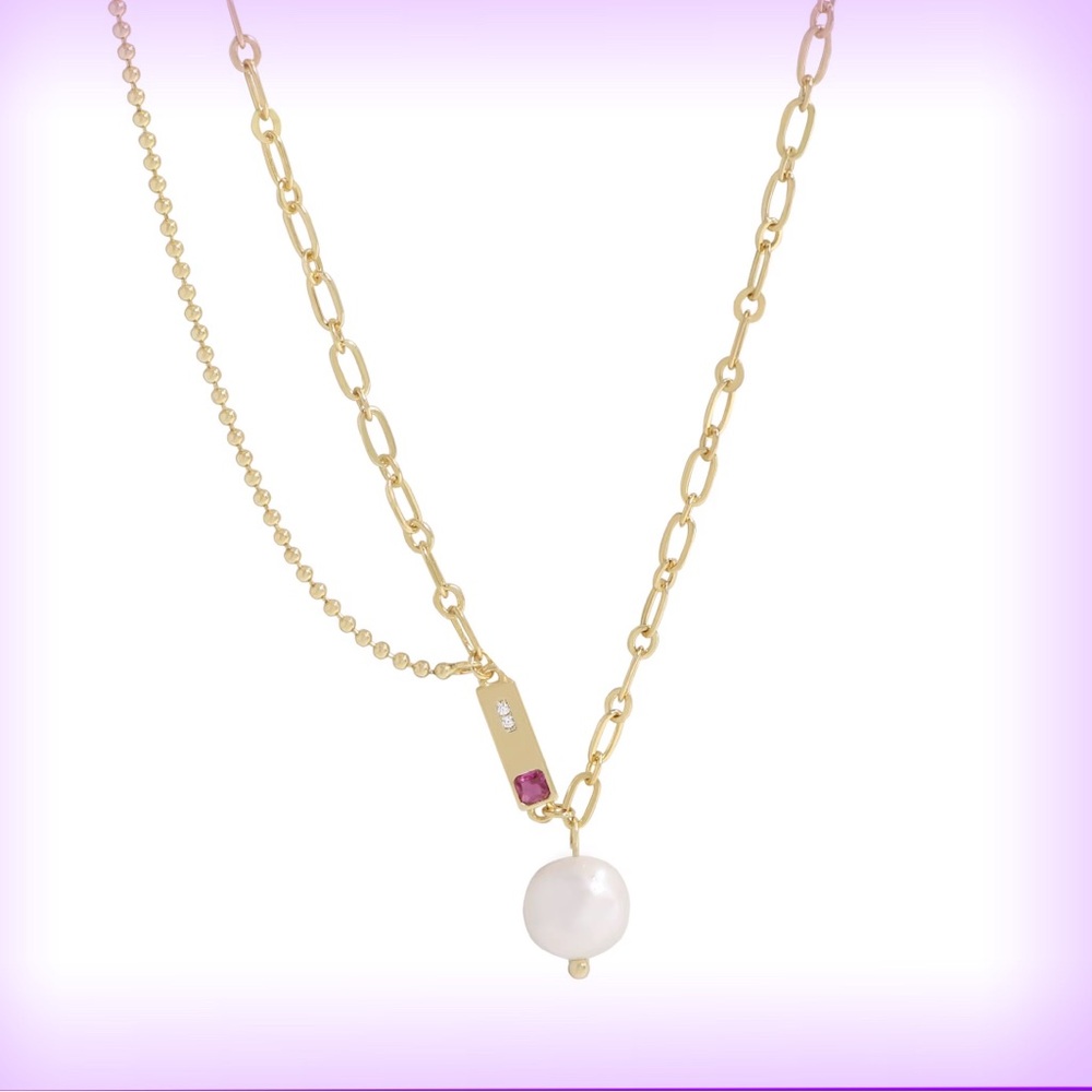 Freshwater Pearl Double Overlap Chain Necklace 18K Gold Plated